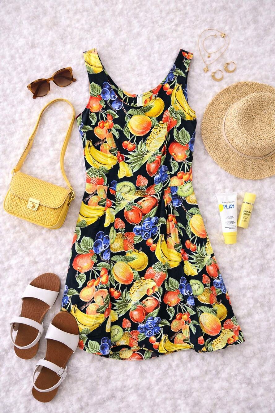 Reyn Spooner Women’s Vintage Tropical Fruit Print A-Line Dress Black Size P